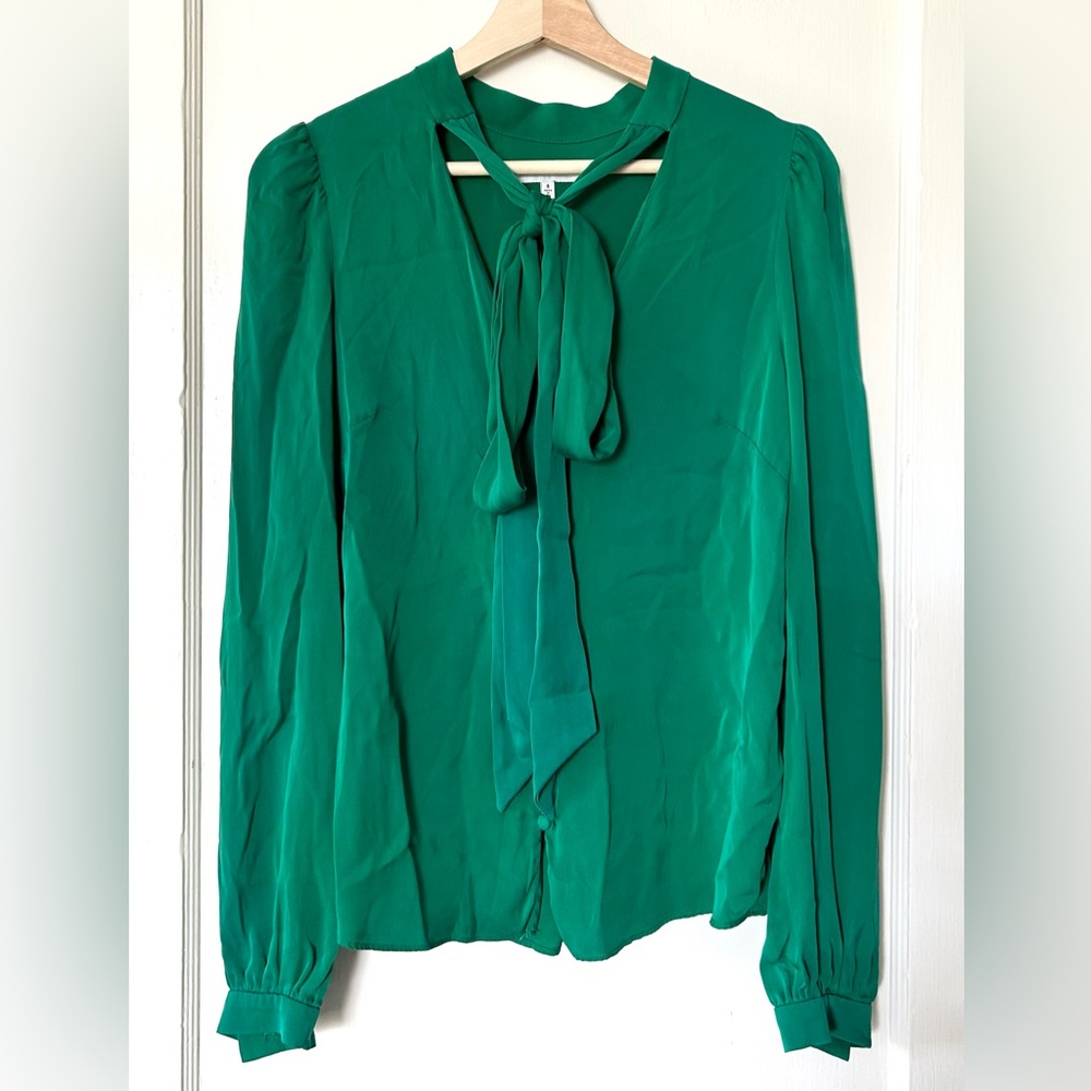 Milly Button Front Tie‎ Neck Blouse Emerald Green 8